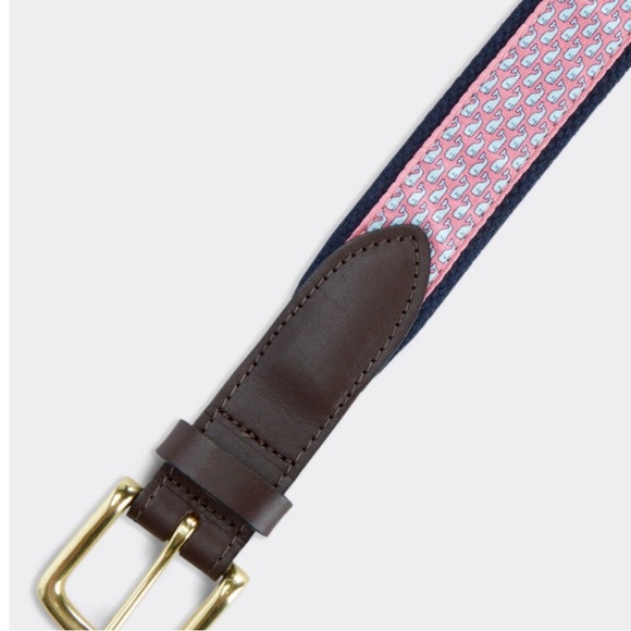 Vineyard Vines Pink Whale Webbing Belt with Brown Leather Trim - Picture 2 of 7